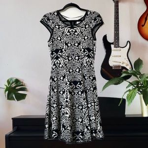 Bold Whimsigoth Black & White Floral Inkblot Pattern Knee-Length A Line Dress